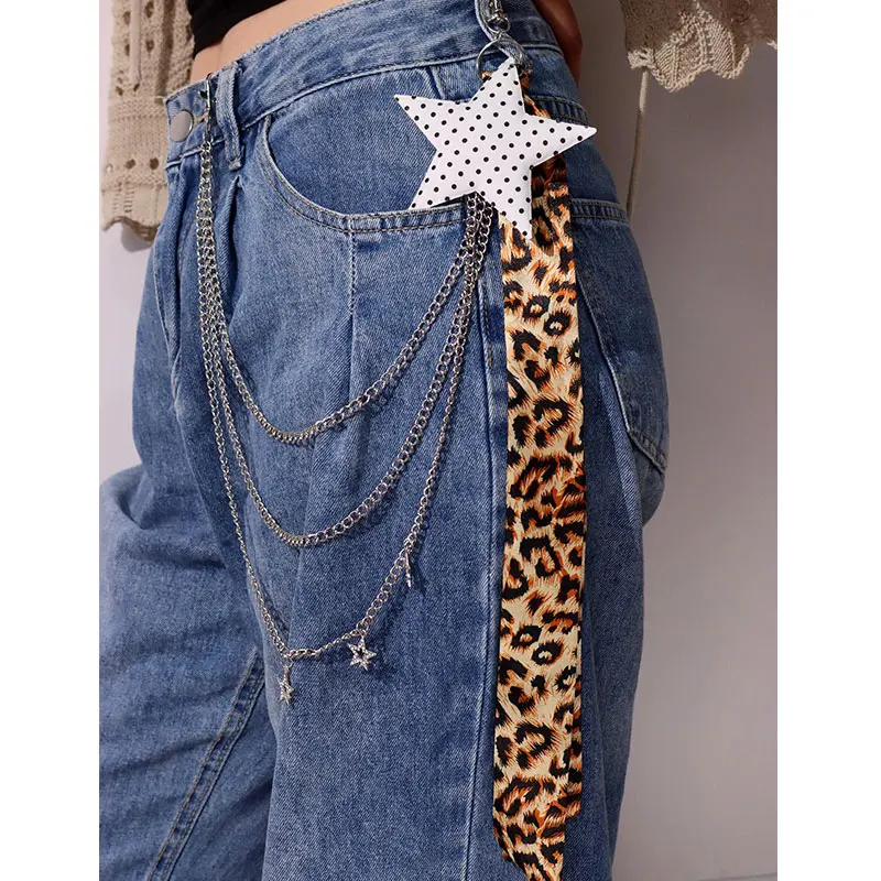 Harajuku Creative Multi-layered Metal Chain Star Pendant Five-pointed Star Leopard Print Ribbon Pants Chain for Women Men NEW
