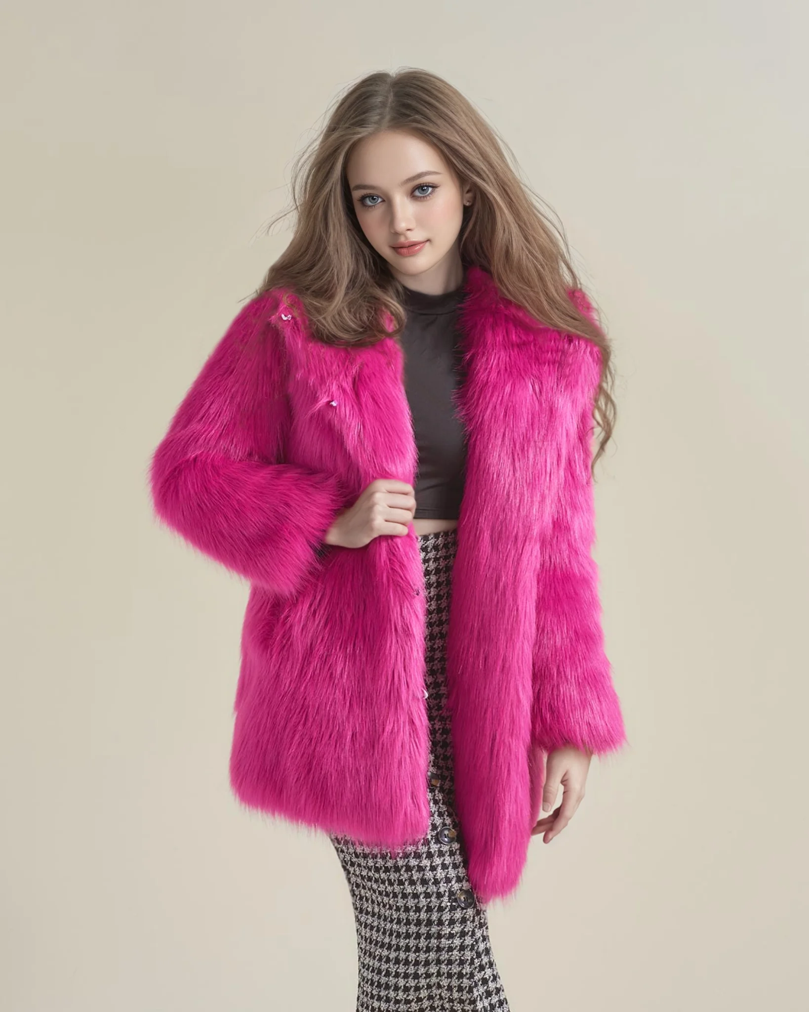 FHILLINUO Solid Color Loose Fur Long Coat Autumn And Winter New Item Lapel Long Sleeved Warm Coat For Women