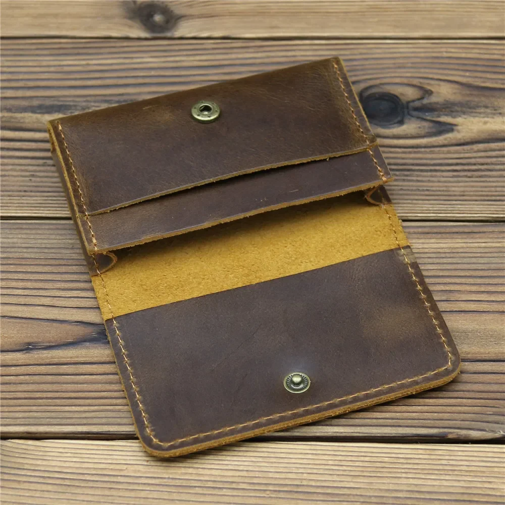 Retro Crazy Horse Leather Card Wallet for Men Vintage Brown 100% Cowhide Leather Credit Card Holder with Button Closure Purse