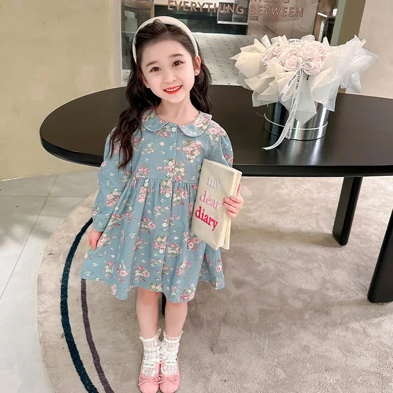 

2025Spring Style Floral Long Sleeve National Trend Dress Doll Collar Sweet Princess Dress for Little Girls