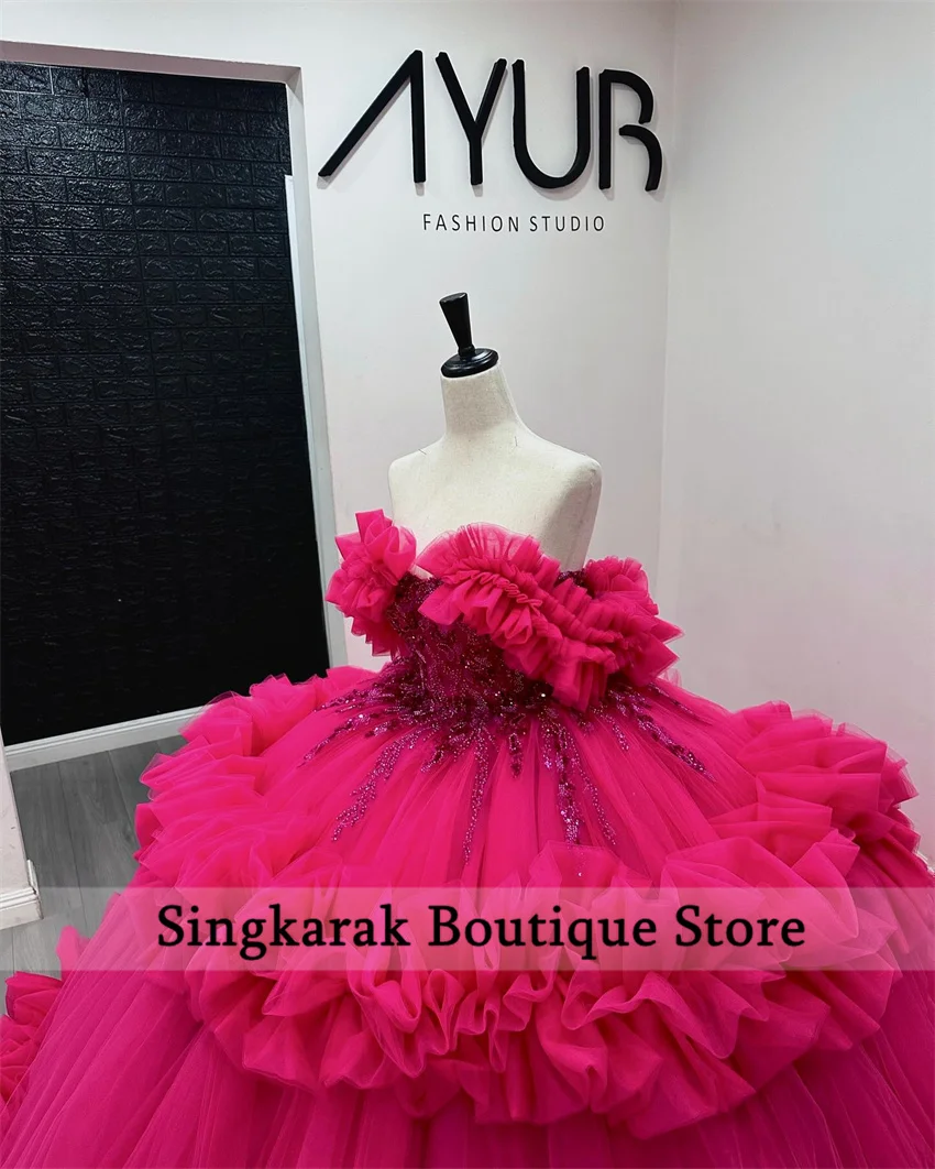 럭셔리 자홍색 공주 퀸시에라 드레스, 2025 볼 가운, 프릴, 티어드 비즈 진주, 15 세 소녀용 생일 파티, 맞춤형