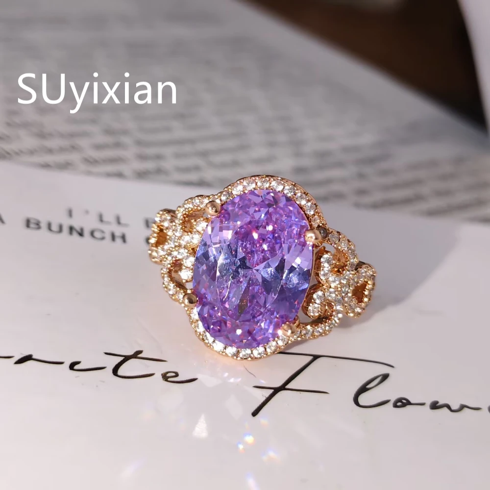 925 Sterling Silver Fashion Rose Gold Extra Large Carat Nest Cut Zircon Ring Birthday Party Anniversary Gift