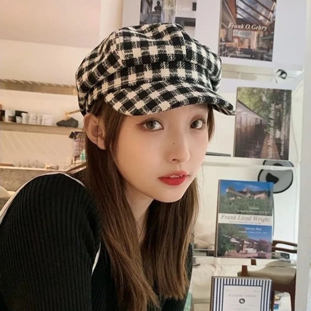 

Cool Korean Style Plaid Beret Hat Keep Warm Lattice Women Painter Hat Small Fragrant Style Women Octagonal Cap Artist
