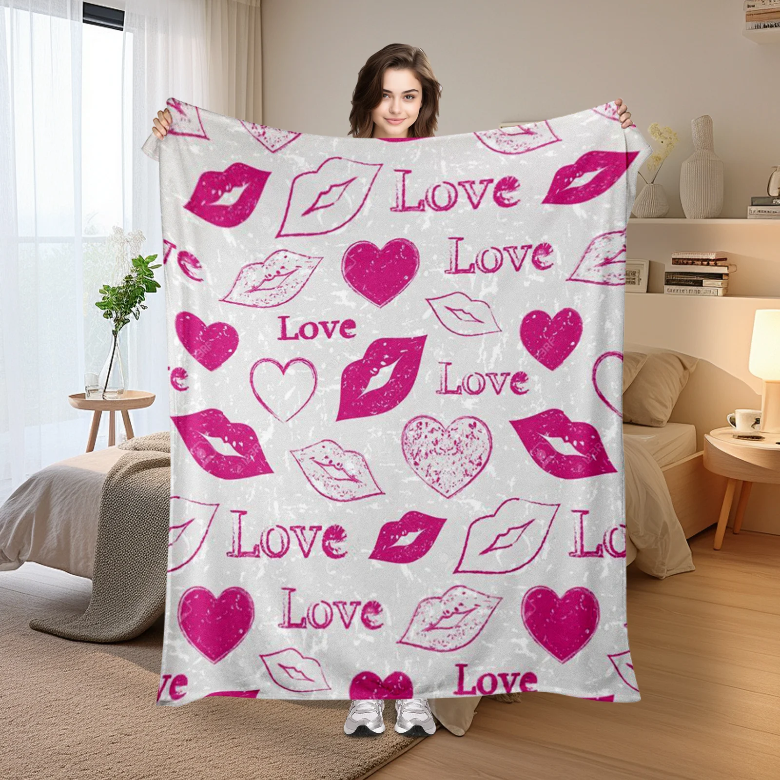 Elegant Lip Print Blanket In Fuchsia White With Heart Patterns For A Chic And Romantic Home Decor Touch