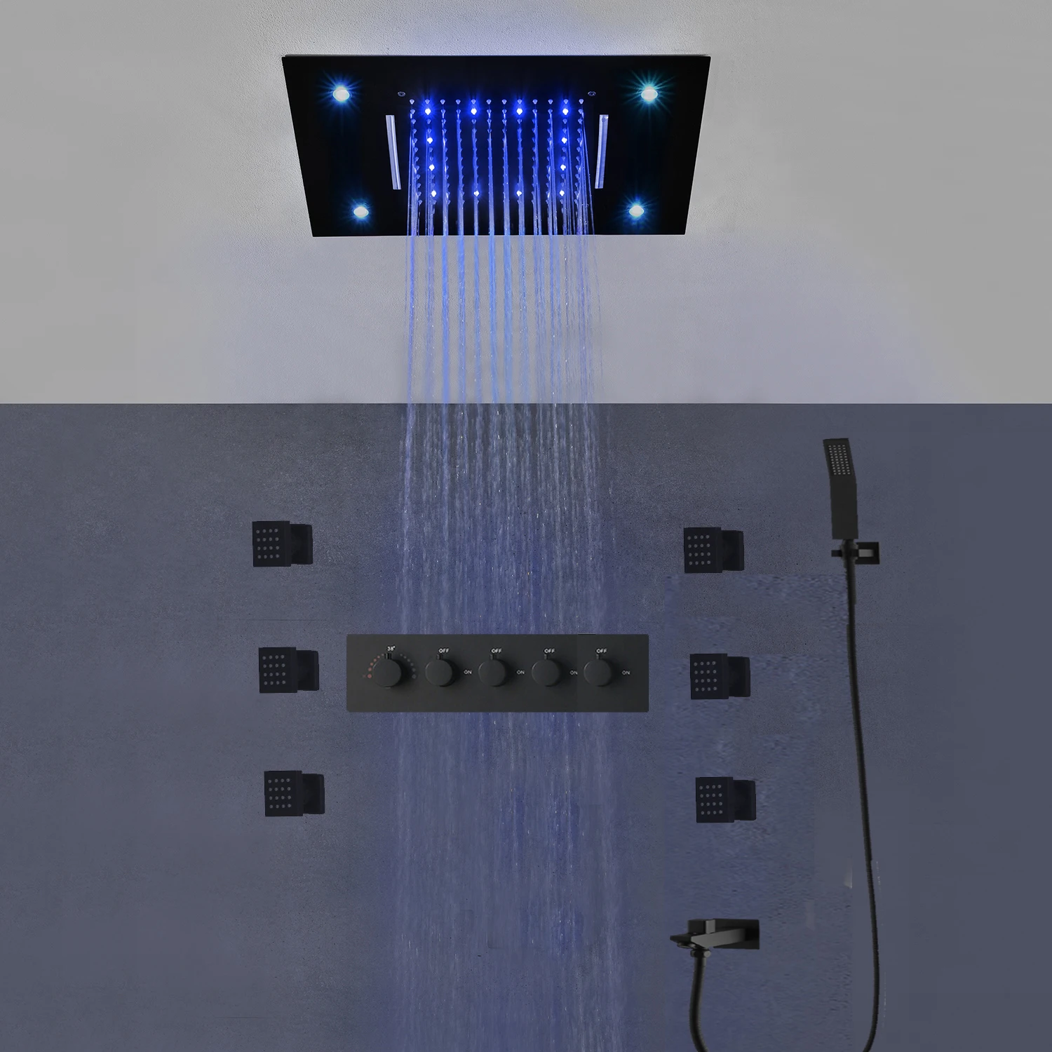 

Bathroom Ceiling LED Shower Set Waterfall Rainfall Shower Head Panel Thermostatic Mixer Body Jets Black Faucets System 20x14Inch