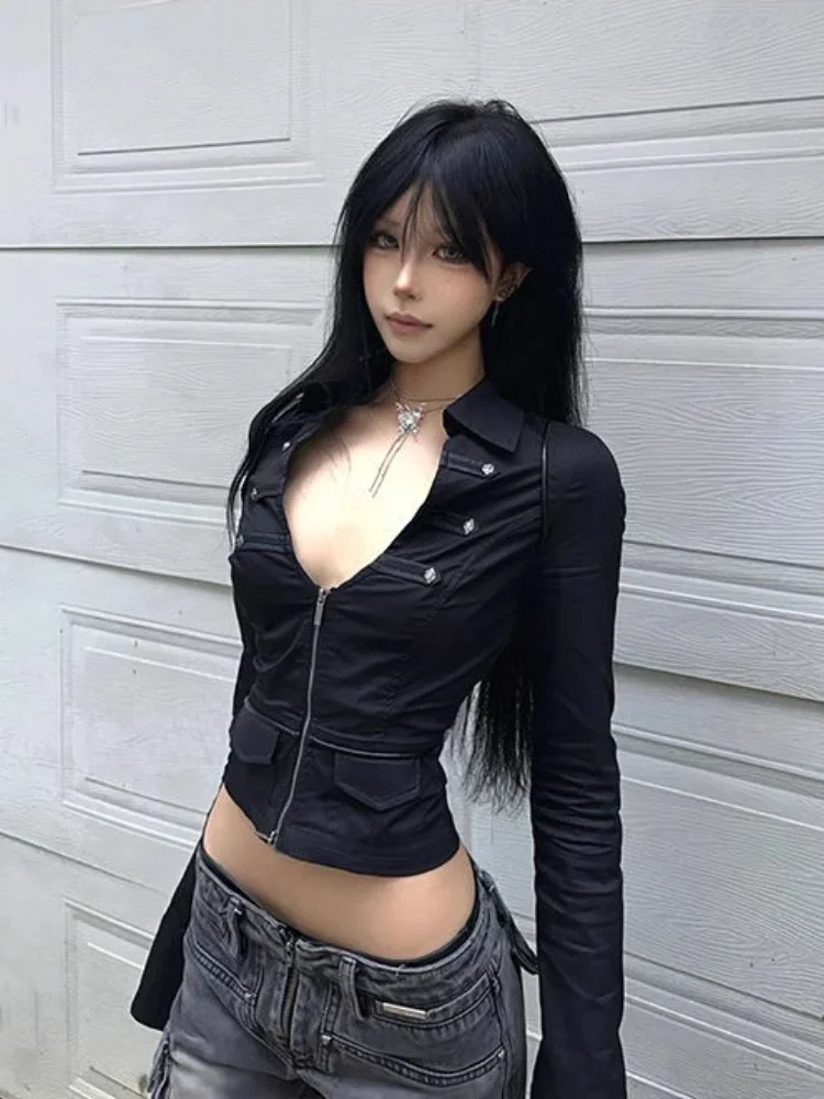 

Y2k Aesthetic Women Sexy Blouse Solid Double Zippers Slim Fit Grunge Shirt Harajuku Turn Down Collar Streetwear Cropped Tops