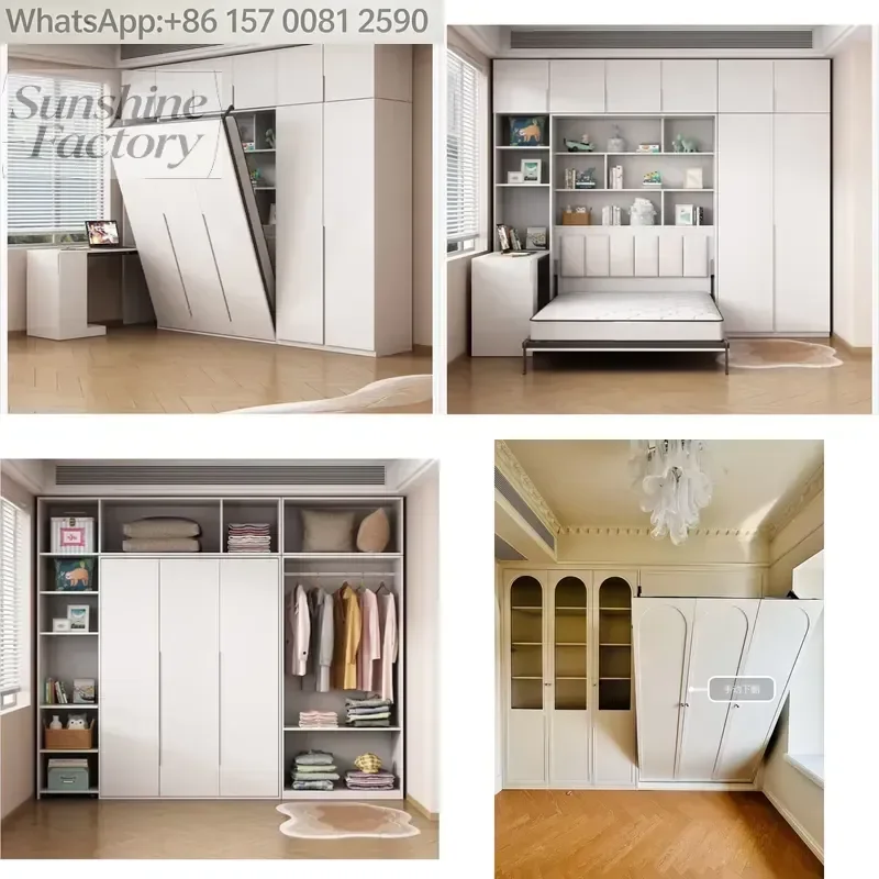 Jutian Modern Space-Saving Full Size Hidden Foldable Murphy Bed with Wood Frame Steel Plywood Panels Wall Storage & Wardrobe