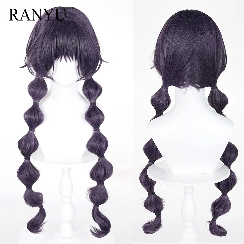 

Bubble Braid Long Straight Synthetic Wigs with Bangs Purple Grey Anime Game Cosplay Fluffy Wig for Daily Party