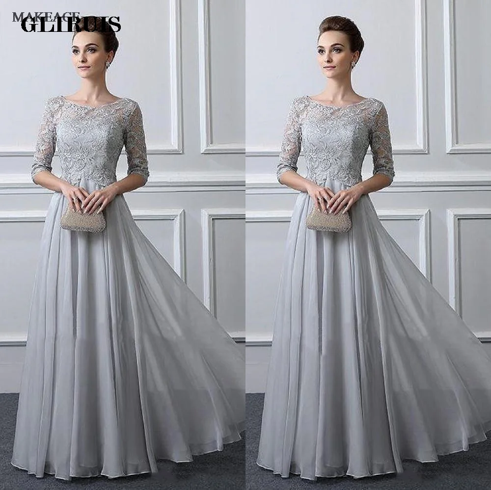 Robe de soirée en mousseline de soie pour mère de la mariée, demi-manches, appliques en dentelle, argent, ligne A, robe d'invité de fête de mariage