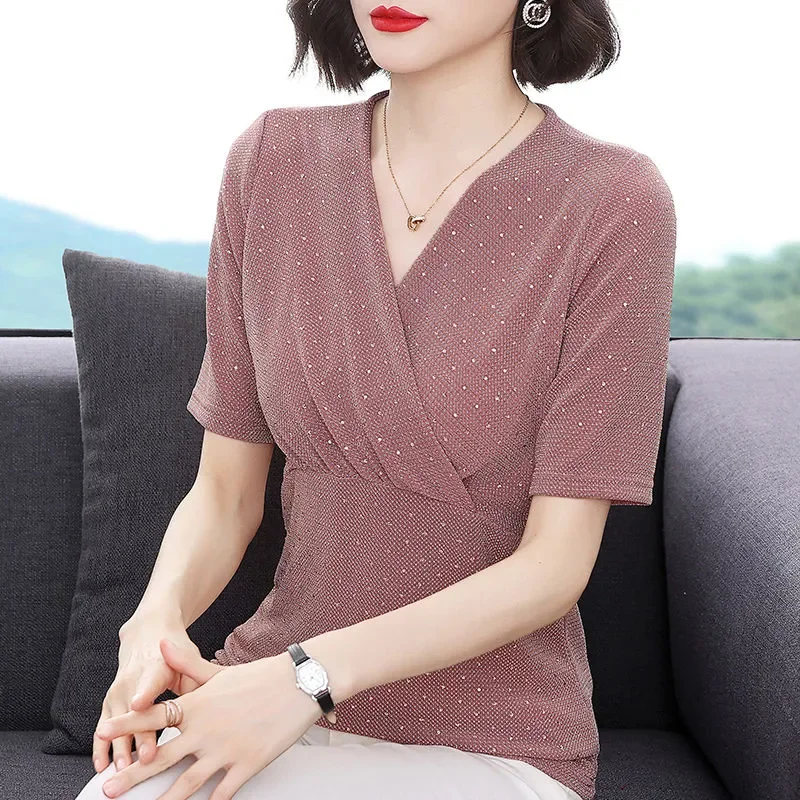 Womens V Neck Short Sleeve Blouse Elegant Sparkly T Shirt For Middle Aged