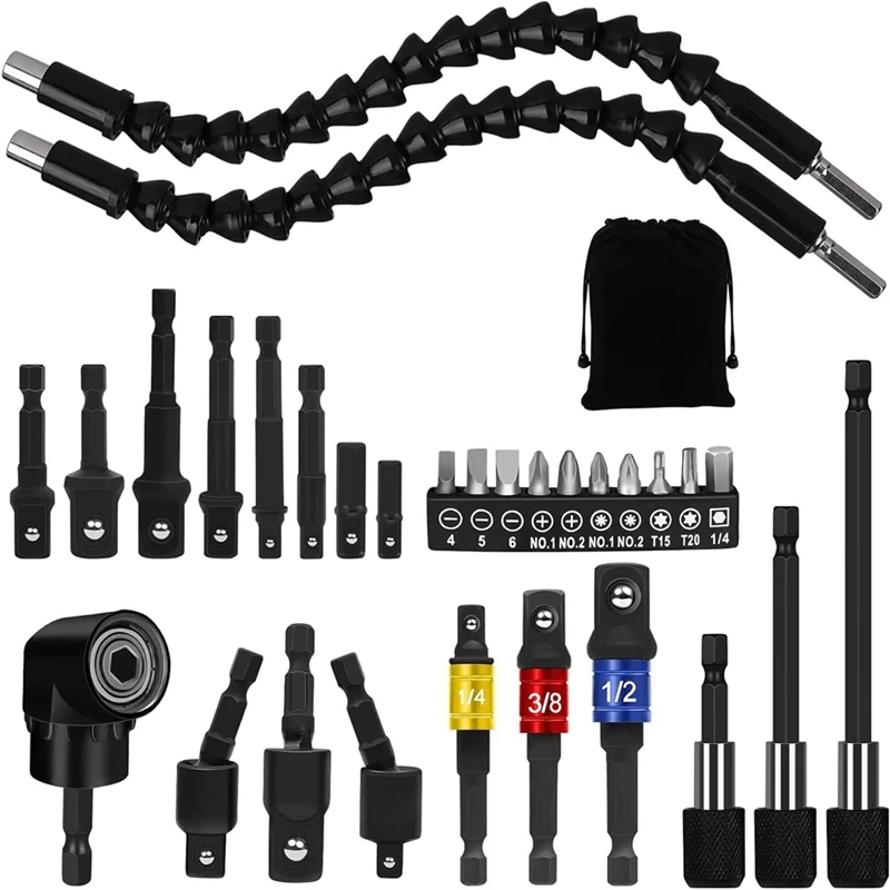 31 Pcs Flexible Drill Bit Extension Set, 105° Right Angle Drill Attachment, Rotatable Joint Socket ,Hex Socket Adapter Durable