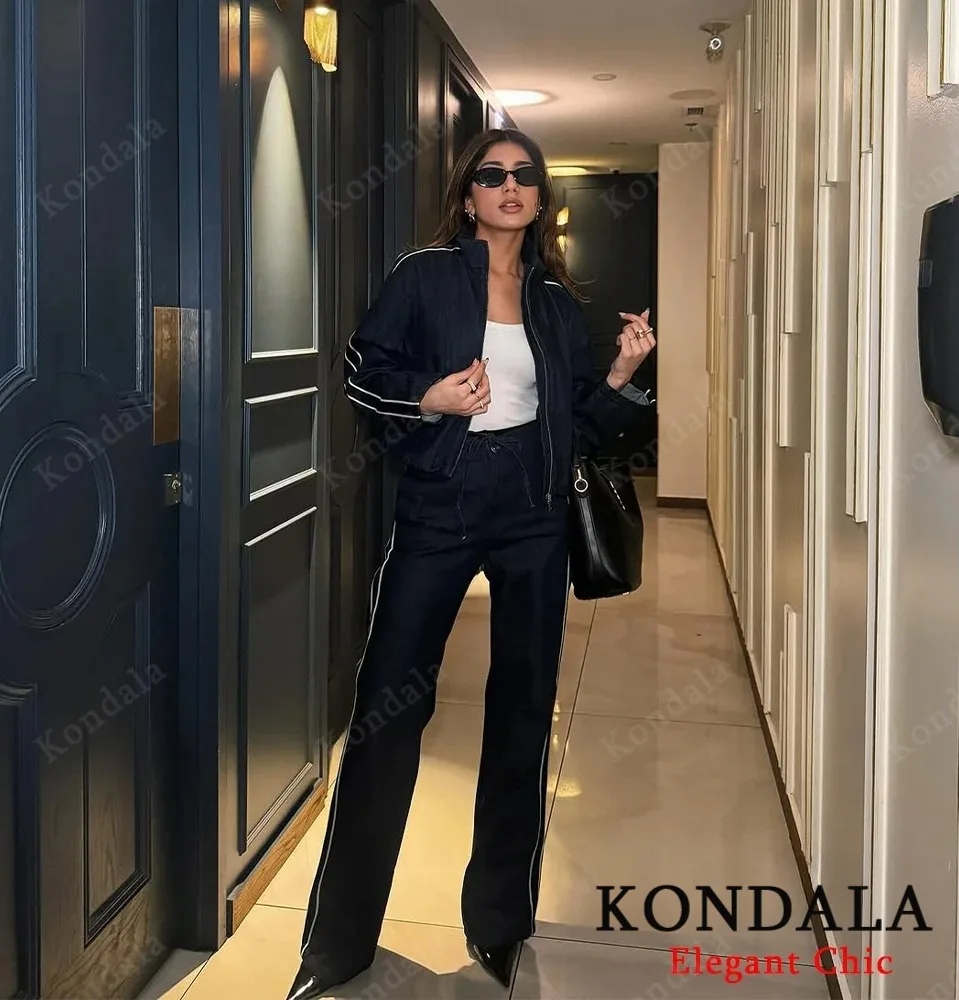 KONDALA النساء شارع العليا الدنيم مجموعة الجانب شريط الوقوف طوق جاكيت زيبرا الدانتيل متابعة بانت 2025 الخريف الشتاء مجموعة الإناث غير رسمية