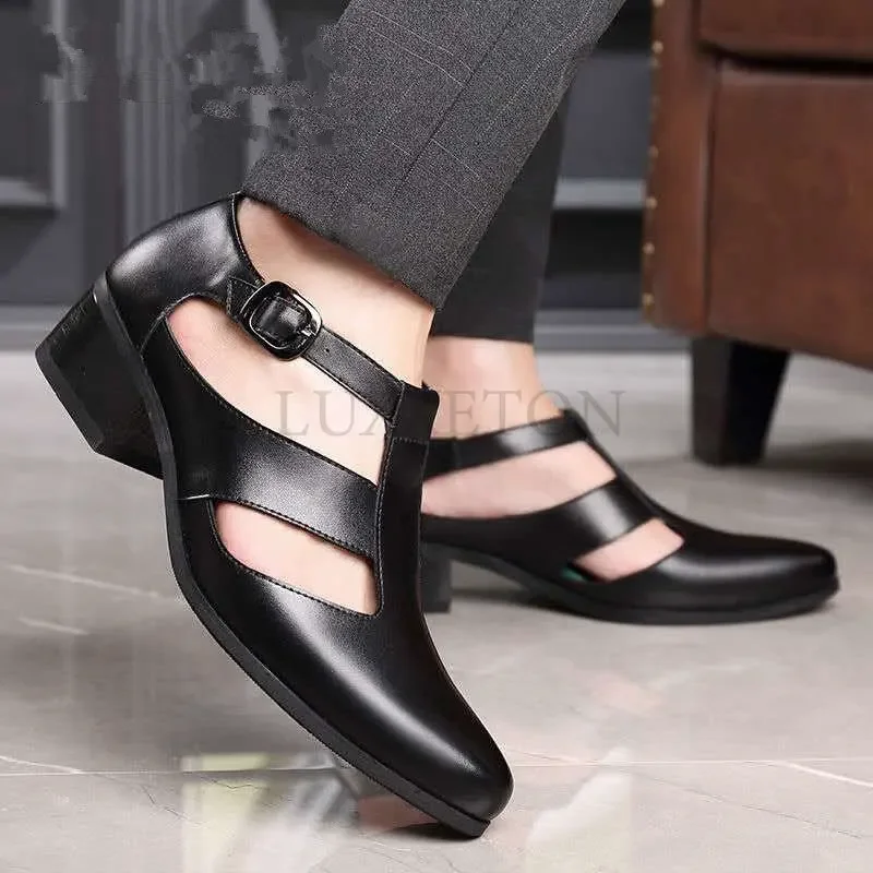 Mens Genuine Leather High Heel Dress Sandals Daily Business Office Work Sandals Trendy Hollow Pointed Toe Buckle Sandals