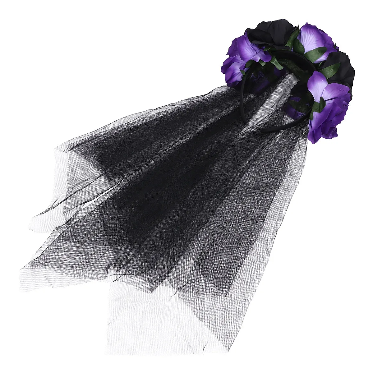 Women Halloween Rose Flower Headband Veil Headdress with Black Gauze Simulation Decor Lightweight Comfortable Elegant Party