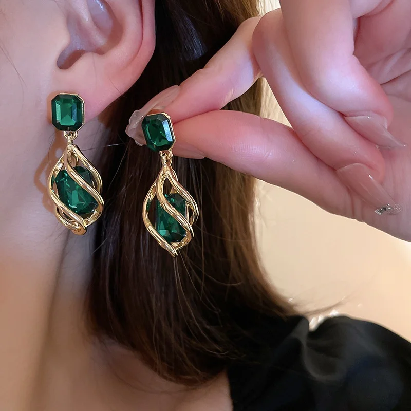 Korean Fashion Exquisite Green Crystal Stone Earrings for Women Gold Color Hollow Stud Earring Birthday Gifts Pendientes Mujer