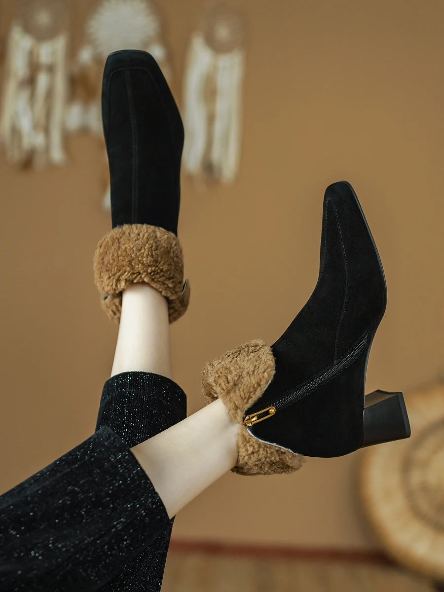 Women's Genuine Suede Ankle Boots - Winter Block Heels