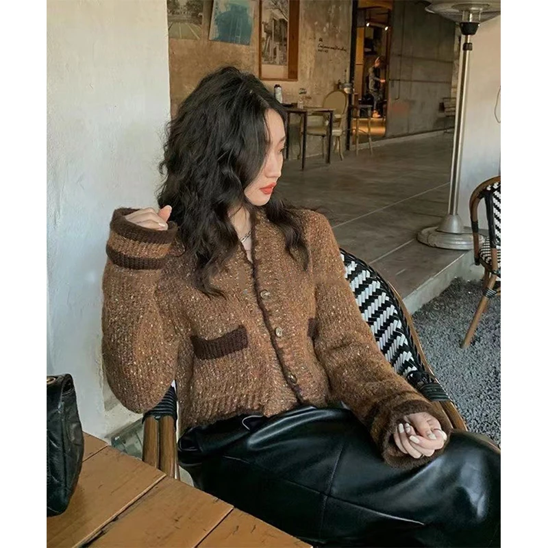 Vintage Knitted Cardigan Women Elegant Cropped V Neck Sweater Coat Sweet Korean Patchwork Short Knitwear Casual Jumpers Tops New