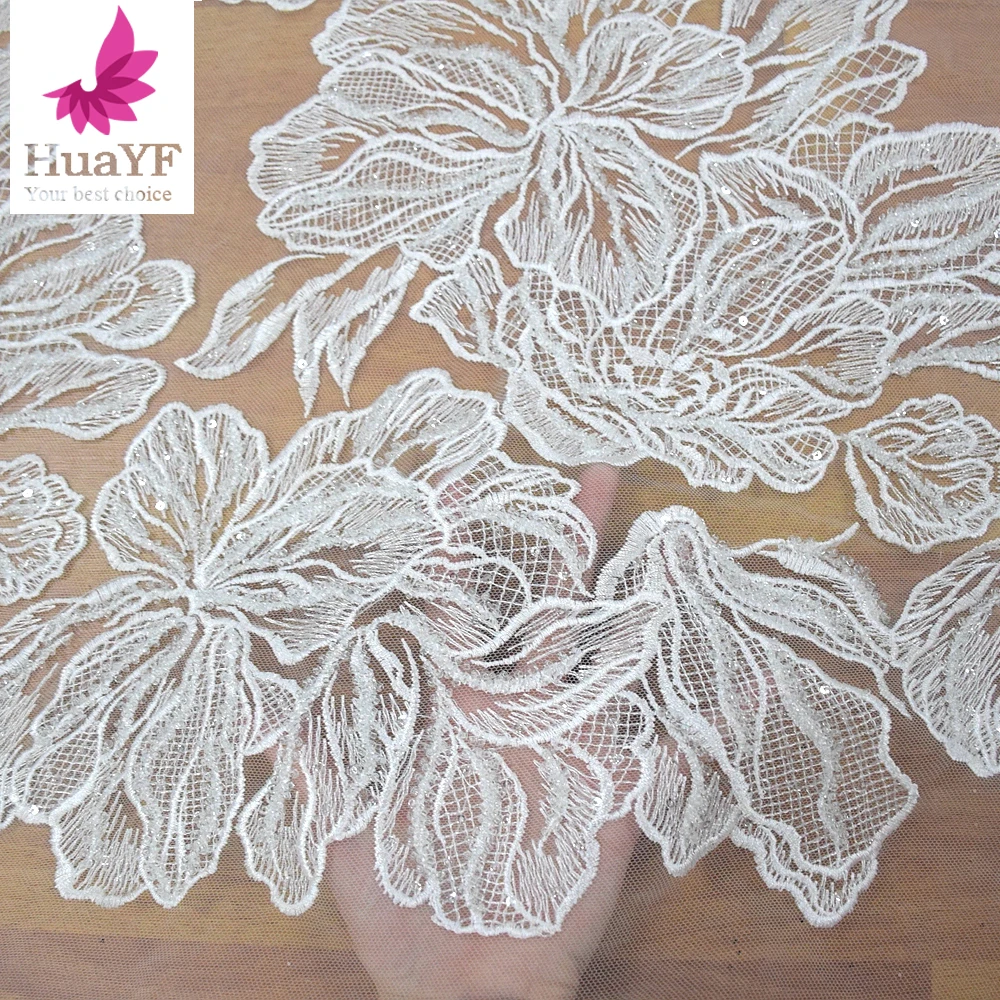 Big Rose Flower High-density Embroidery Beads And Sequins Ivory Lace Fabric For Bridal HY0828