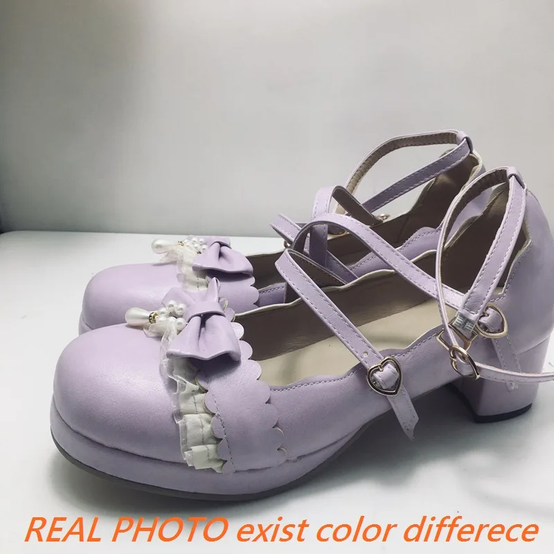 REAVE CAT Lolita Girls Pumps Round Toe Block Heels Platform Buckle Strap Bowknot Big Size 43 44 45 School Student Sweet Shoes 33