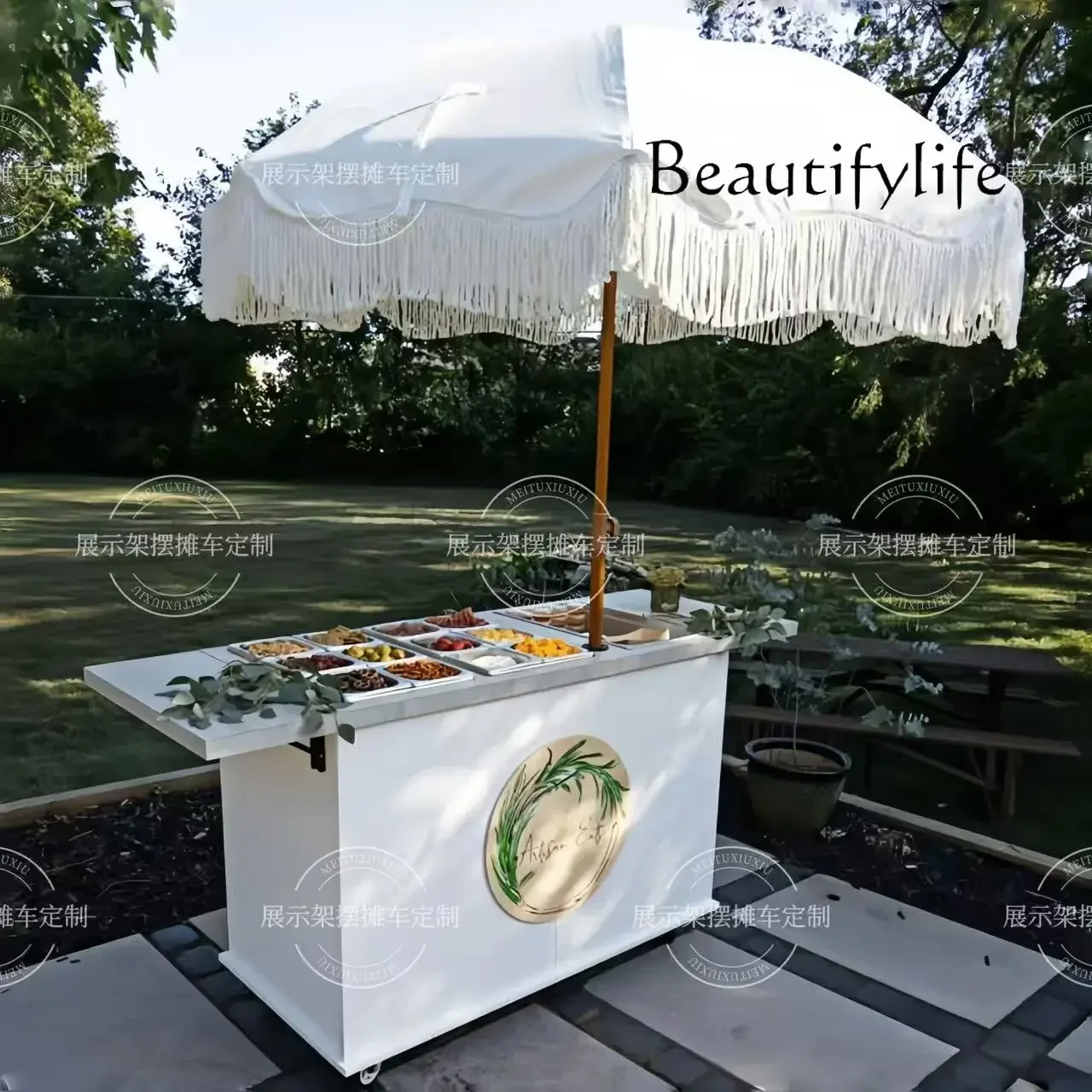 N44 AA Customized wrought iron outdoor display stand Movable promotional display stand Shopping mall multi-functional dining tab