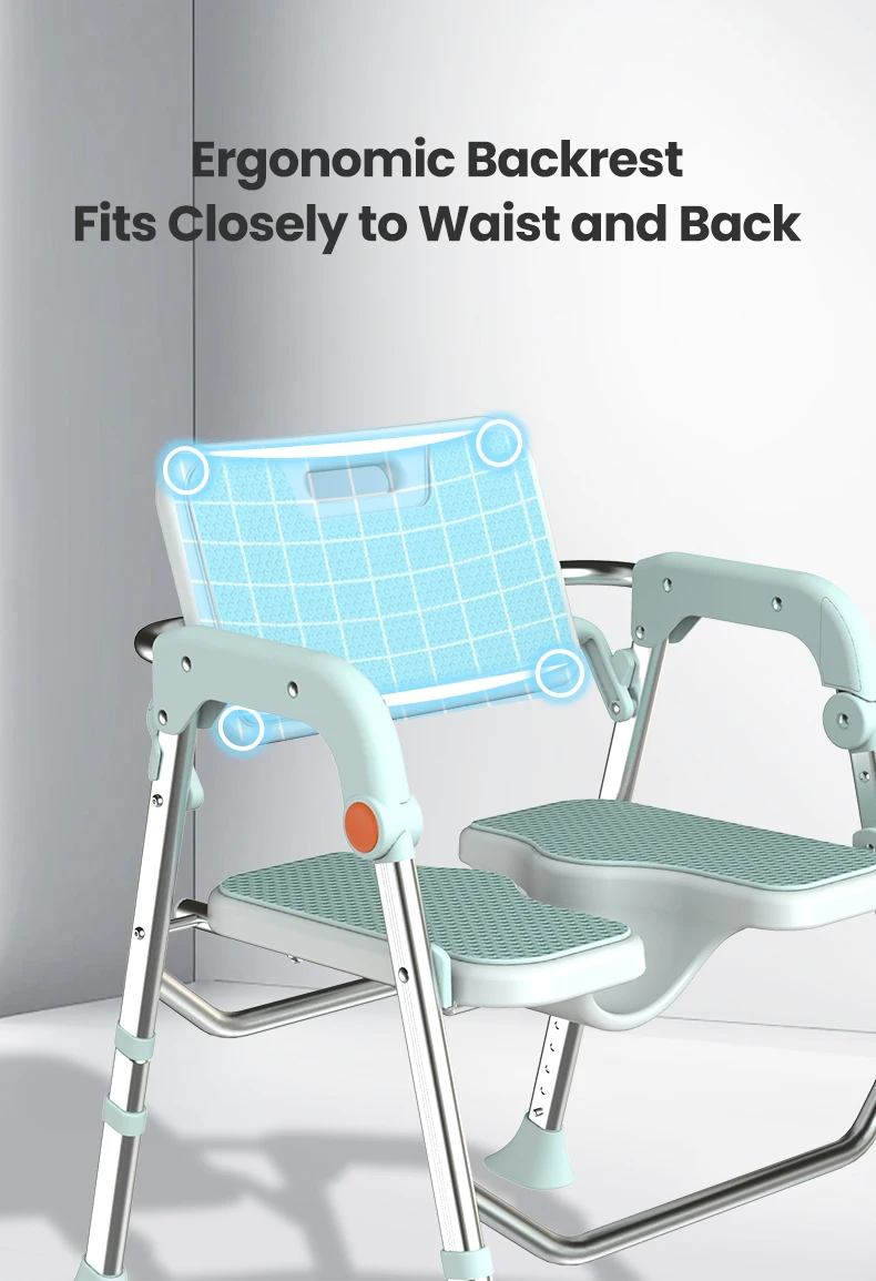 Foldable Adjustable Aluminum Alloy Commode Shower Chair, 150kg Ergonomic Rehabilitation Seat, Anti-Slip Safety for Elderly