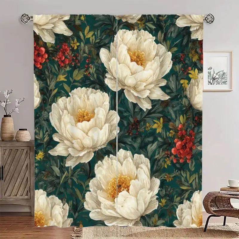 curtain with pattern of peony flowers green leaves, featuring a pole bag design, is suitable for use in living rooms and offices