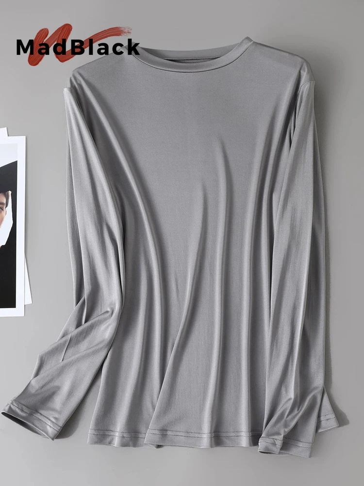 MadBlack-6A 100%Silk Elegant Knit T-Shirt, O Neck Long Sleeve Solids, Women Basic Comfortable Thin Top, 2026 Autumn New T69878CC