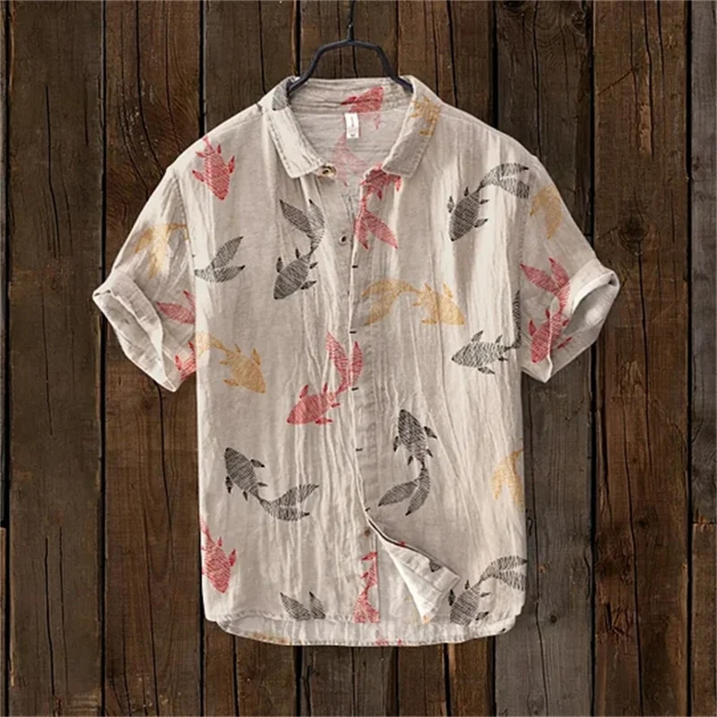 2024 New Summer Linen Shirts Men Lapel Shirts T-Shirts Fashion Clothing Shirts Luxury Social Hawaiian Shirts Oversized 5XL