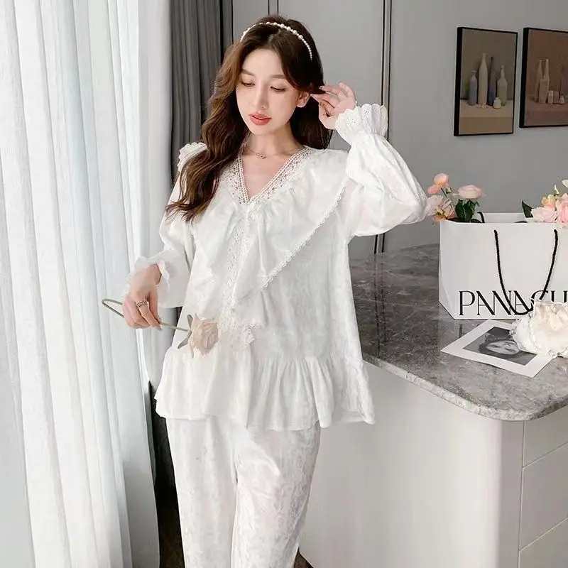 Bianco 2PCS Set da notte Pigiama Principessa Lady Lace 2025 Pigiama in raso retrò Indumenti da notte larghi Abbigliamento per la casa Scollo a V Indumenti da notte casual