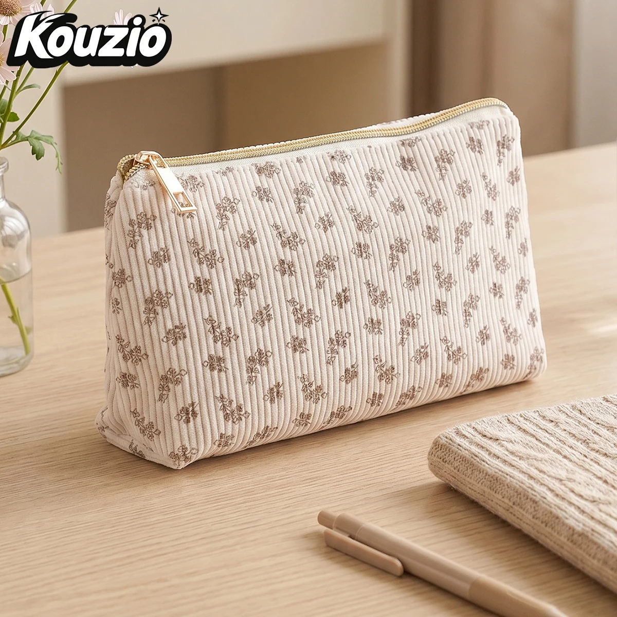 Floral Print Corduroy Triangle Pencil Case, Golden Zipper Large Capacity Stationery Organizer, Pen Storage Bag, Back to School