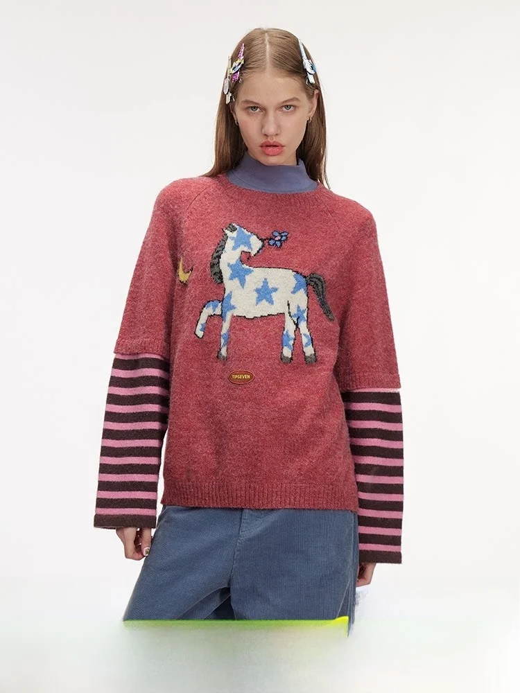 

TIPSEVEN Оригинальный дизайн, свободный крой, новогодний вязаный свитер с красной звездой и пони, женский повседневный, с длинными рукавами, средней плотности, с круглым вырезом