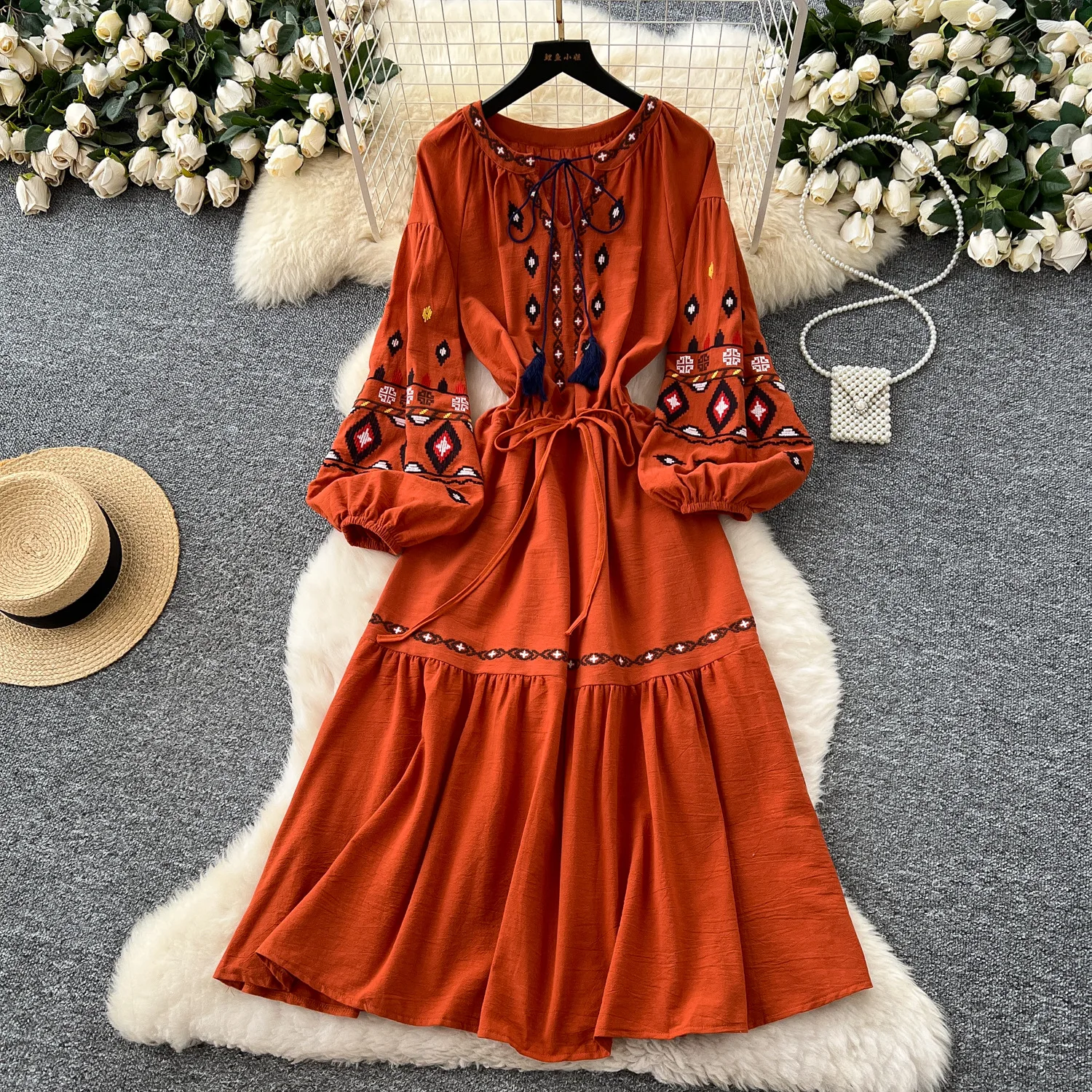 

Retro Heavy Embroidery Dress Lace-up V-neck Lantern Sleeve A-Line Women's Dresses Casual Boho Beach Holiday Ruffled Midi Dress