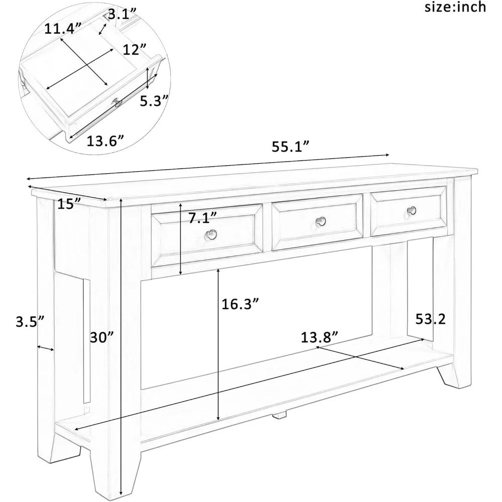 Консольный столик для дивана длиной 55 дюймов с 3 ящиками для хранения и открытой нижней полкой, деревянный приставной столик (черный)