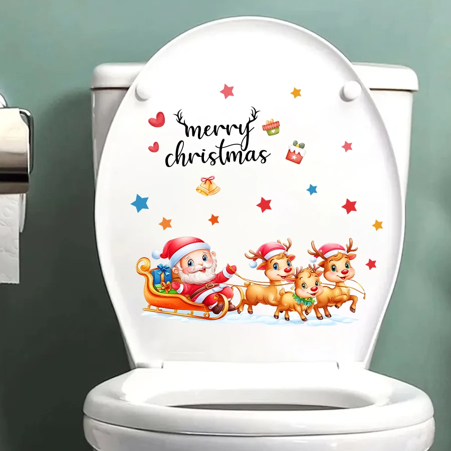 Festliche Weihnachtsmann-Toilettenaufkleber, abnehmbarer PVC-Schlitten, Rentier und bunte Sterne für Zuhause, Hotel, Party-Dekoration