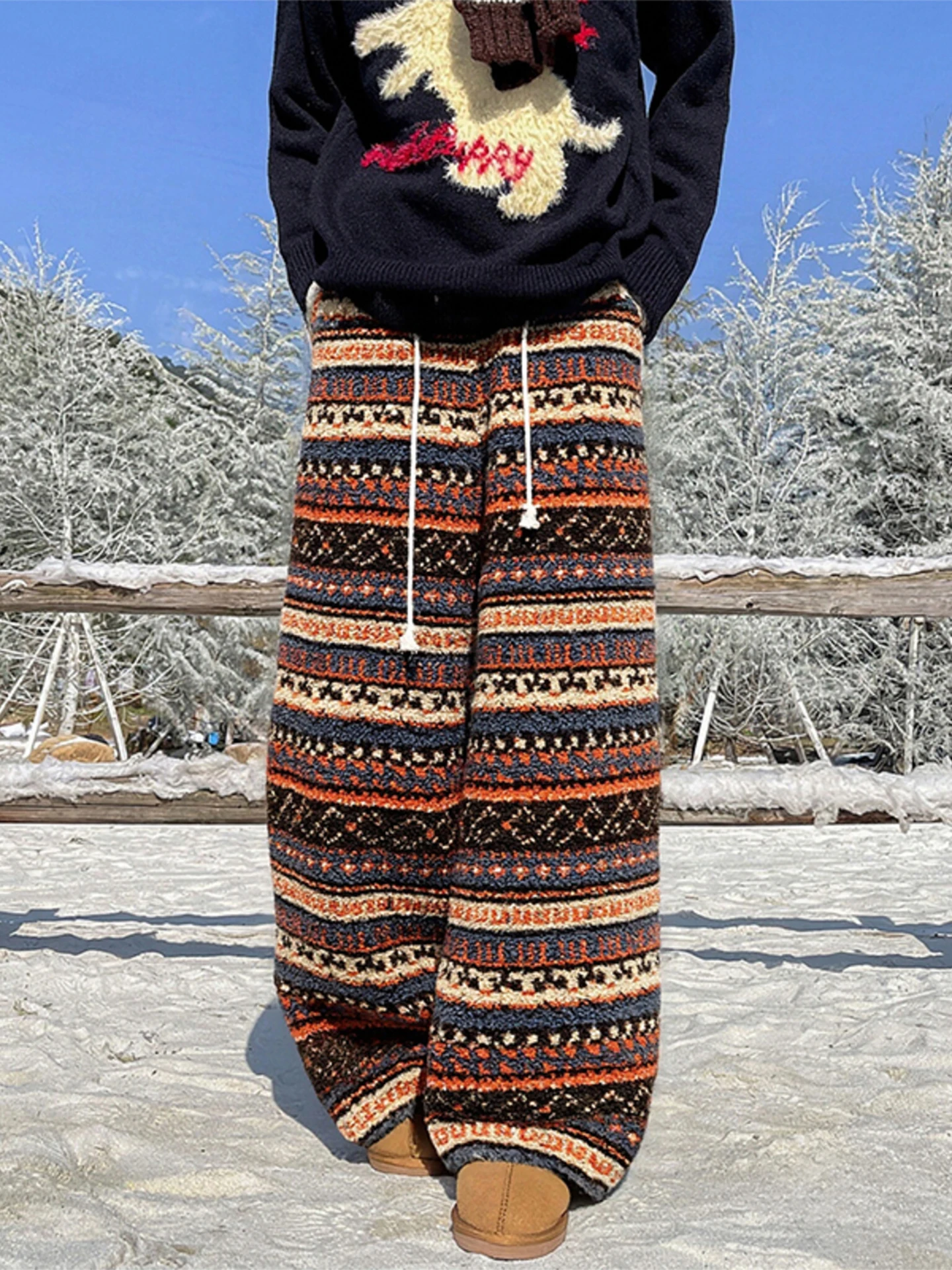 

Теплые брюки из вельвета Thiened Lamb для мужчин и женщин, зимние повседневные широкие брюки, этнические теплые прямые брюки на зиму