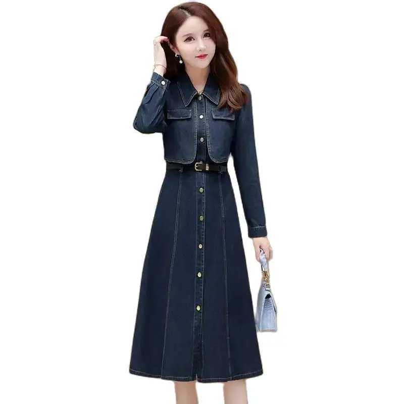 

Spring Autumn Long Denim Windbreaker Women 2024 New Fake Two Pieces Lapel Trench Coat Fashion Covered Button Outerwear Female