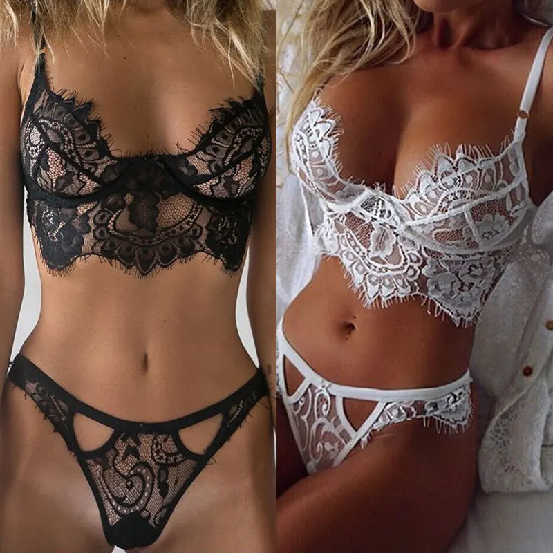 Solid Lingerie Set Exotic Apparel Open Cup Hollow Out Unlined Bra Sheer Sexy Lace Bra Set Transparent Lace Floral Underwear Set