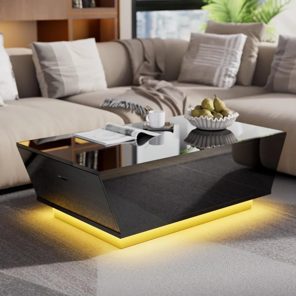 41" Black Modern Coffee Table with 12-Color LED Lights,High Gloss Contemporary Center Table with 2 Storage Drawers f