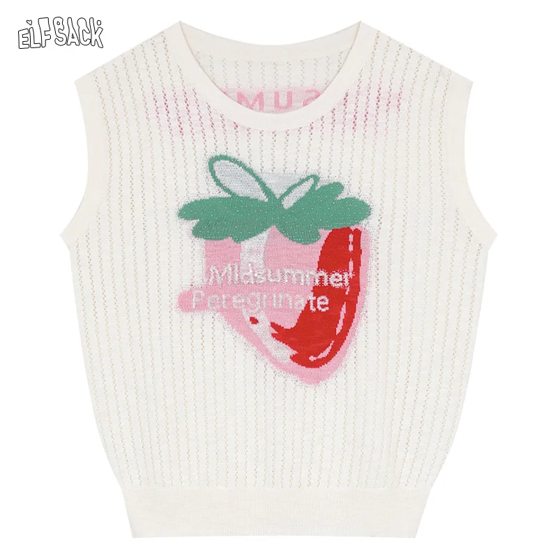 ELFSACK 2024 summer new arrival Three-dimensional fruit strawberry print hollow sleeveless thin all-match pullover sweater for w