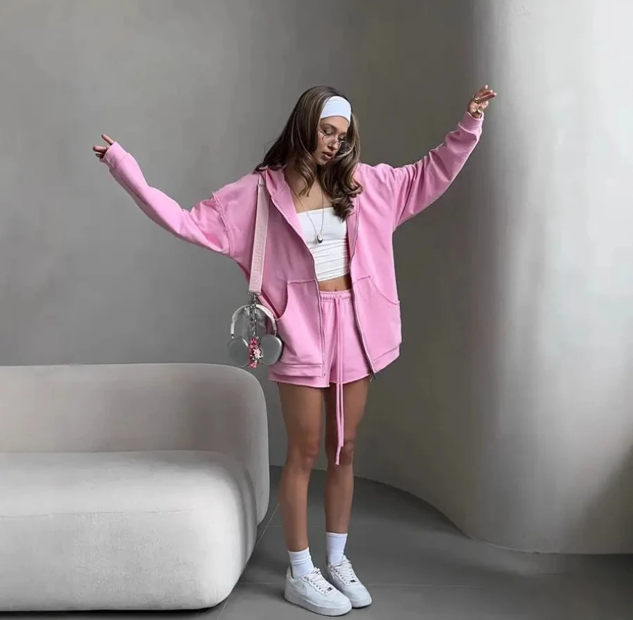 

Two-piece Women Clothing Solid Color Long-sleeved Hooded Drawstring Sweatshirt Shorts Set Jacket Shorts