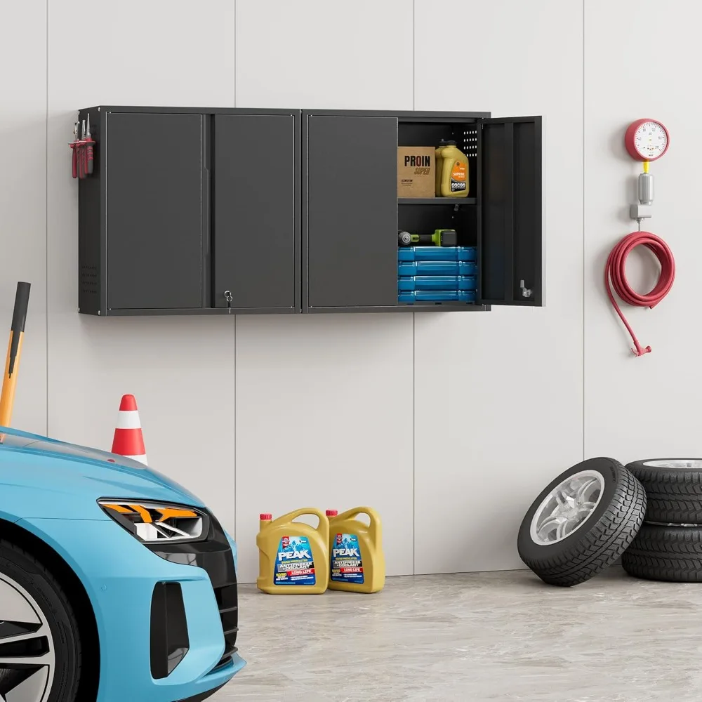 Металлические гаражные настенные шкафы с двумя дверцами, регулируемая полка, запираемый, черный, плавающий шкаф для хранения инструментов с перфорированной доской