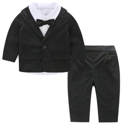 Ensemble 3 pièces pour nouveau-né garçon, manteau noir imbibé, chemise blanche, pantalon, vêtements pour enfants, mode gentleman, printemps, automne, BC2038