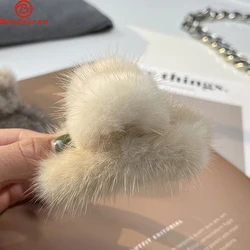 Luxury Real Mink Fur Fashion Hairpin Claw Clips Women Plush Pom Pom Hair Crabs Fur Hair Grips Headwear Hair Accessories Girls