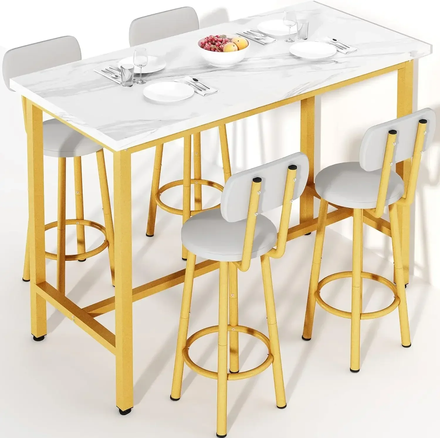 Dining Table Set,43.3” Rectangle Pub Bistro Dining Set Kitchen  Set Bar  with Backrest Stools,5-Piece Breakfast
