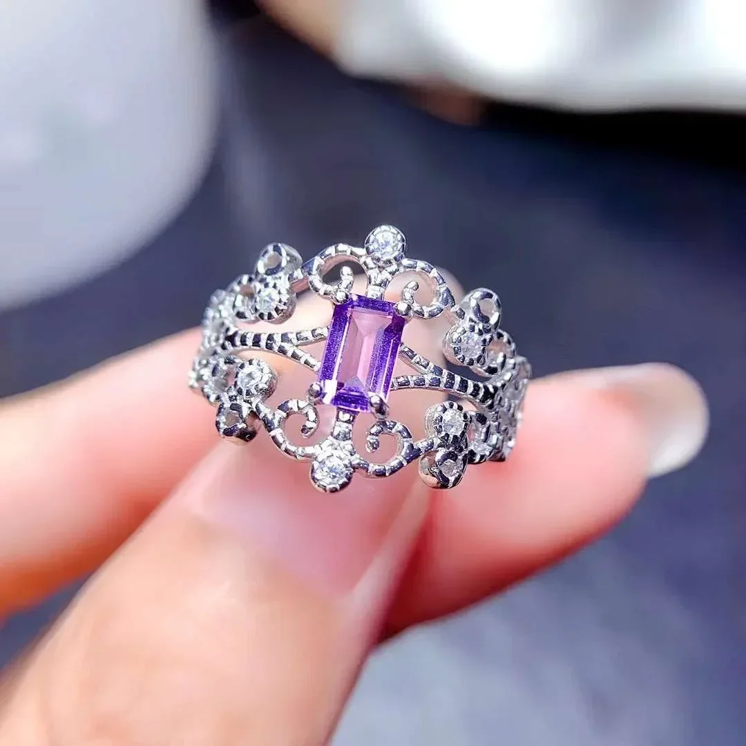 Luxurious Retro  Hollow Crown S925 Silver Natural Amethyst Ring Natural Purple Crystal Ring Woman Party Gift Jewelry