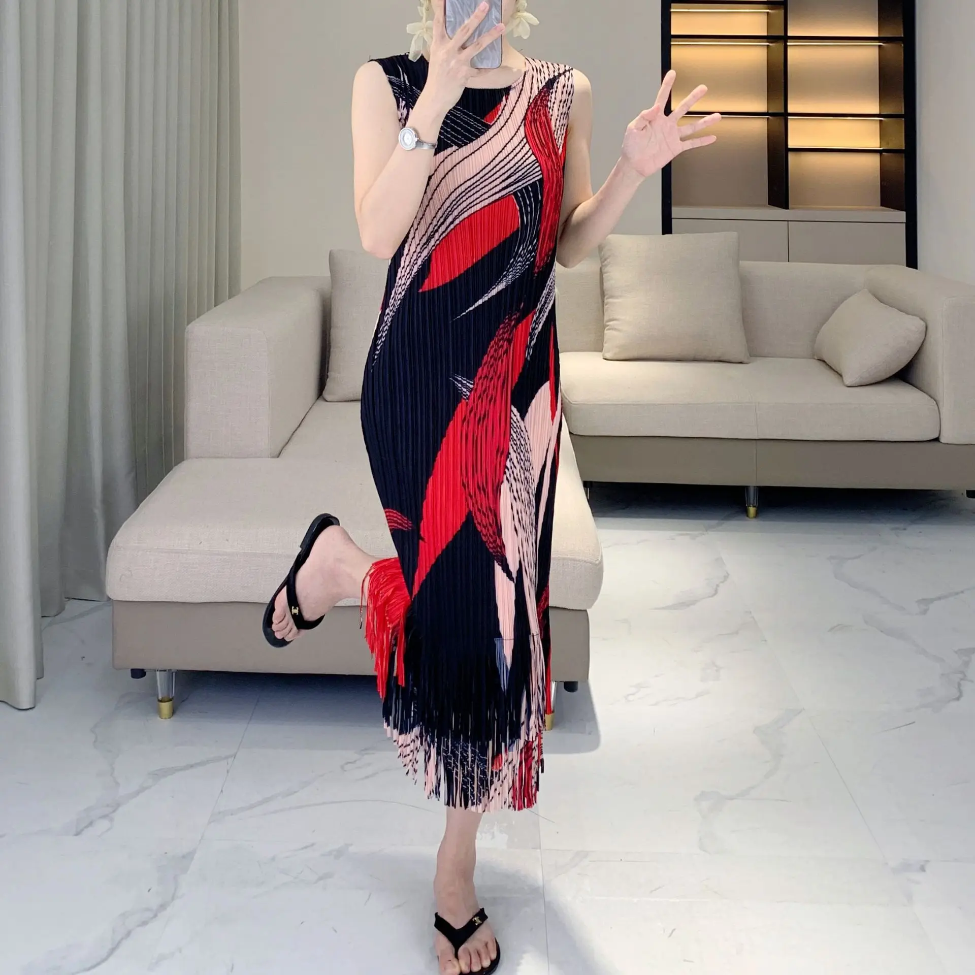 

Miyake style summer fashion tassel dress loose fashion pleated skirt elegant retro print sleeveless vest skirt