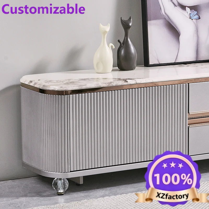 Factory Direct 2026 Modern Design Luxury Wooden TV Stand Household Furniture Drawer Storage Marble Slate Top Large Long Wooden L