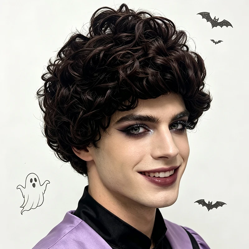 Dark Brown Synthetic Short Fluffy Crimped Curly Round Bob Wig Cosplay Anime Halloween Party Costume Role Play