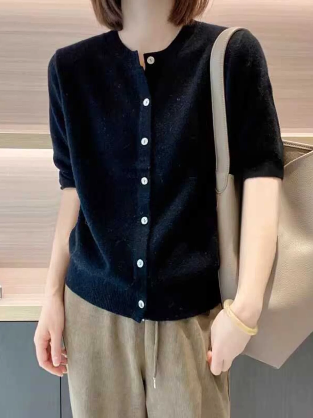 Korean Style Knitted Ice Silk Short Sleeve Open Cardigan Slimming Casual Summer Top round Neck Base Shirt for Women