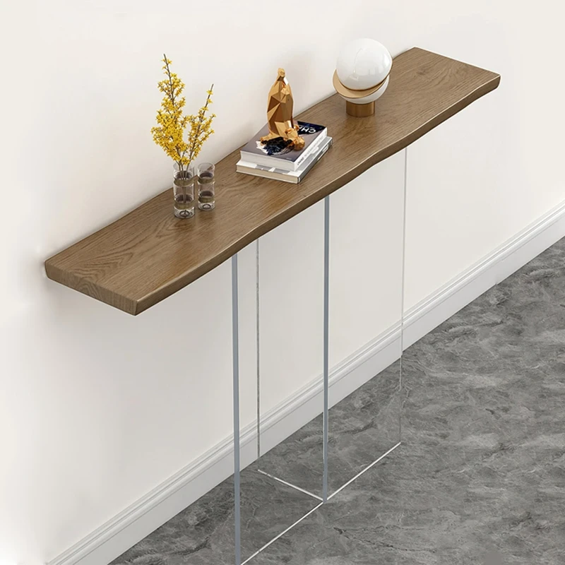 ‌Solid Wood Entry Table with Shelf, Acrylic Wall-Mounted Console, Minimalist Foyer Table, Model Home Decor Showroom
